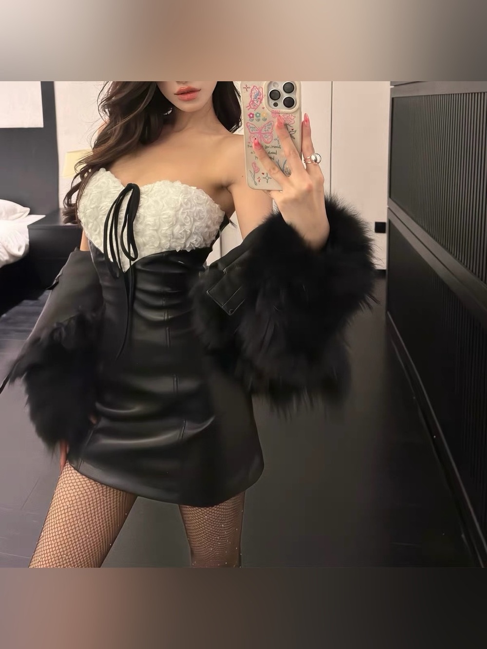 Black Leather Mini Dress with white rose sweetheart neckline
